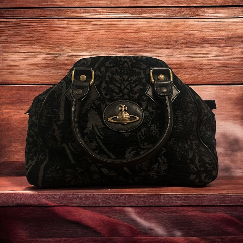 RARE VINTAGE VIVIENNE WESTWOOD BLACK LEATHER & VELVET BOWLING BAG